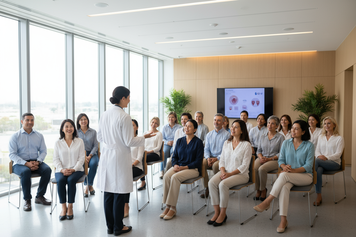 Doctor meeting with group of approximately 50 year old patients who are looking hopeful