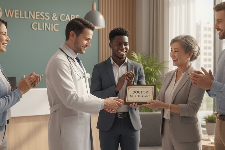 Group of successful patients congratulating doctor