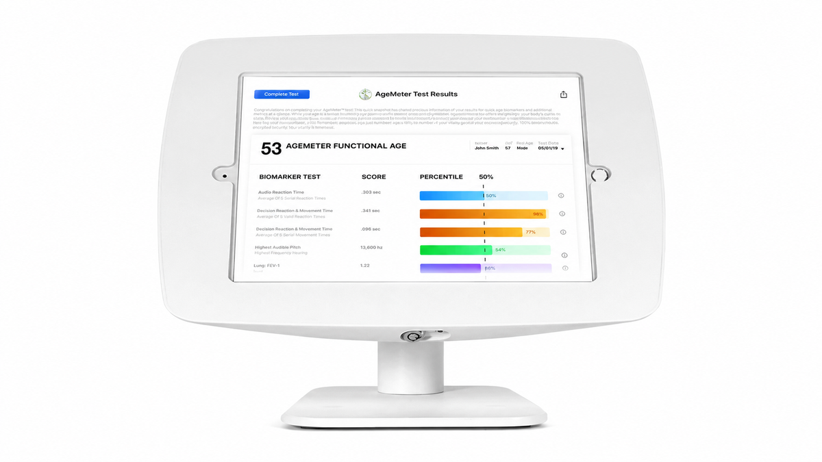 Illustrative AgeMeter Professional results displayed on a tablet in an optional tabletop console. Digital software license and subscription only; hardware is purchased separately.