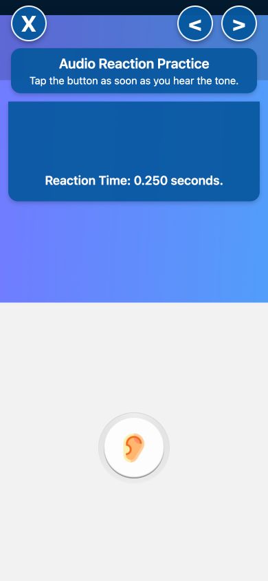 Example AgeMeter for Smartphones auditory reaction practice screen showing a sample response time.