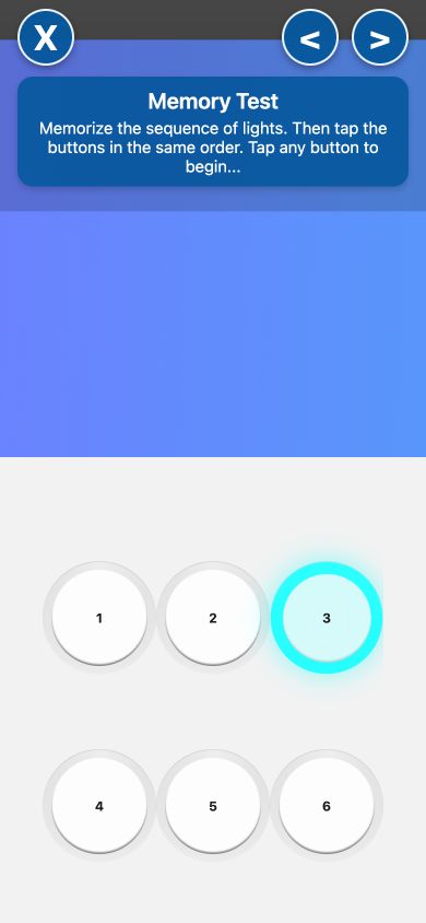Example AgeMeter for Smartphones memory test screen with six numbered response buttons.