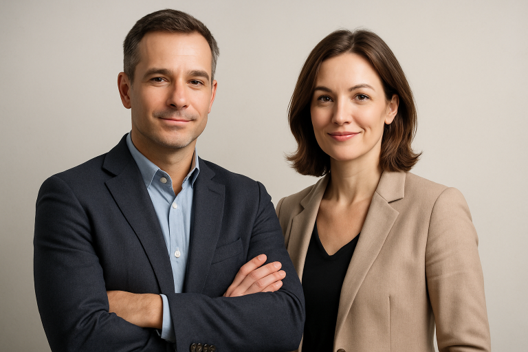 approximately forty year old man and women looking confident