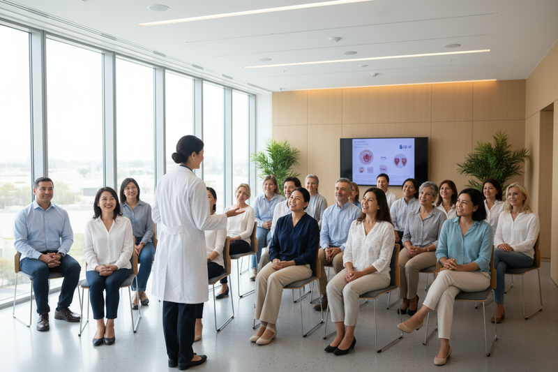 Doctor meeting with group of approximately 50 year old patients who are looking hopeful